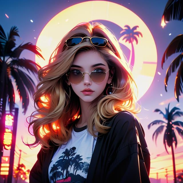 Best quality,masterpiece,ultra high res,<lora:vaporwave:0.8>,1girl, sunglasses, solo, blue eyes, eyewear on head, palm tree, tree, blonde hair, long hair, looking at viewer, jacket, upper body, sky, bright pupils, black jacket, outdoors, closed mouth, shirt