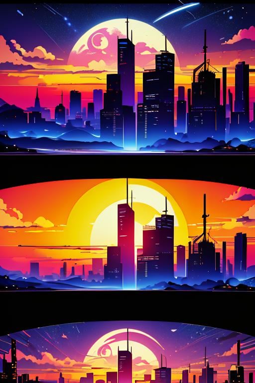 Best quality,masterpiece,ultra high res,<lora:vaporwave:0.7>,silhouette, sky, star (sky), scenery, moon, starry sky, shooting star, no humans, outdoors, building, night, city, cityscape, sunset