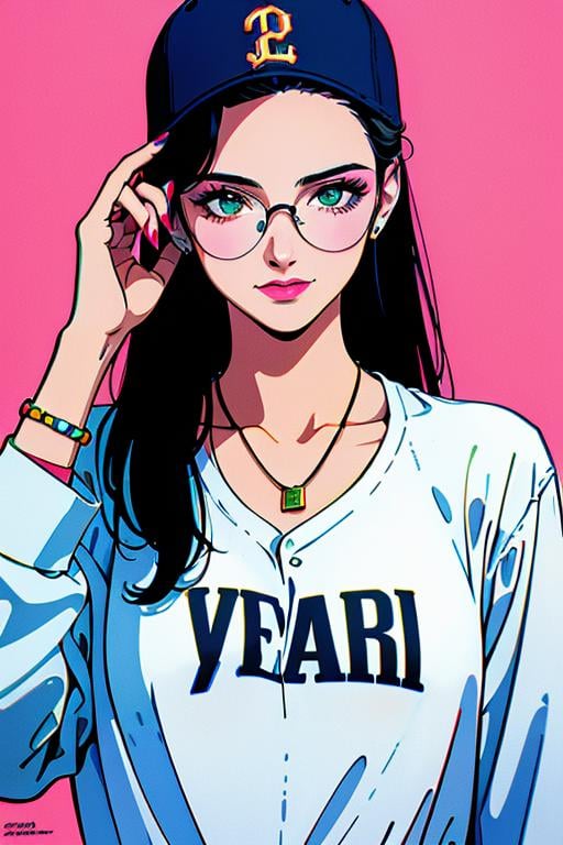Best quality,masterpiece,ultra high res,<lora:vaporwave:0.7>,1girl, solo, hat, jewelry, green eyes, ring, long hair, black hair, sunglasses, necklace, chromatic aberration, baseball cap, pink background, white shirt, shirt, looking at viewer, upper body, backwards hat, long sleeves, nail polish, bracelet, collarbone, closed mouth, holding, white headwear, makeup, looking over eyewear