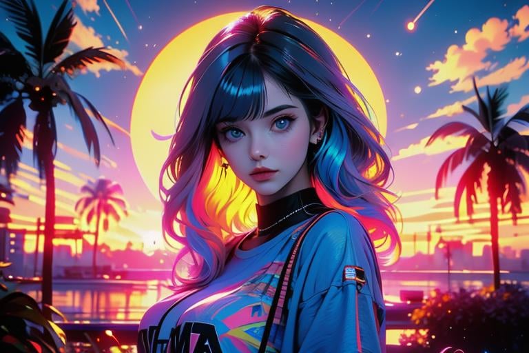 Best quality,masterpiece,ultra high res,<lora:vaporwave:0.8>,1girl,solo,palm tree,looking at viewer,long hair,multicolored hair,tree,sky,pink hair,upper body,shirt,cloud,blue eyes,short sleeves,outdoors,closed mouth,bangs,sunset,cityscape,white hair,night,streaked hair,multicolored eyes,breasts,star (sky),