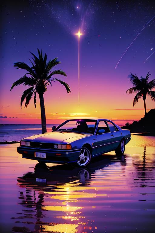 Best quality,masterpiece,ultra high res,<lora:vaporwave:0.7>,car, tree, ground vehicle, palm tree, motor vehicle, no humans, star (sky), vehicle focus, outdoors, sky, water, night, purple sky, starry sky, moon, night sky, scenery, ocean