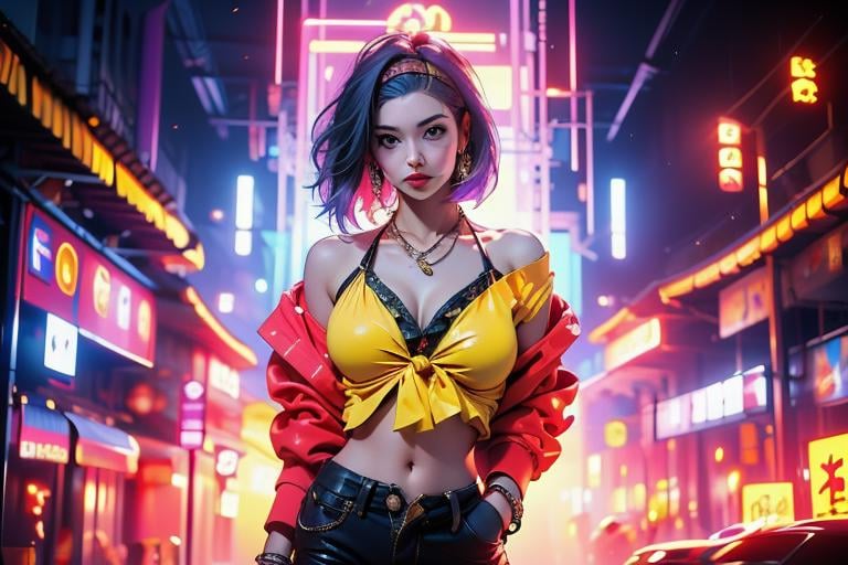 Best quality,masterpiece,ultra high res,<lora:vaporwave:0.8>,1girl, breasts, solo, navel, shorts, purple hair, hairband, short hair, hands on hips, yellow hairband, cleavage, short shorts, yellow shorts, nail polish, looking at viewer, bare shoulders, collarbone, medium breasts, open clothes, lips, purple nails, chain, cowboy shot, jewelry, blue eyes, closed mouth, jacket, bracelet, off shoulder, highleg, midriff, hand on hip, stomach, red jacket, large breasts