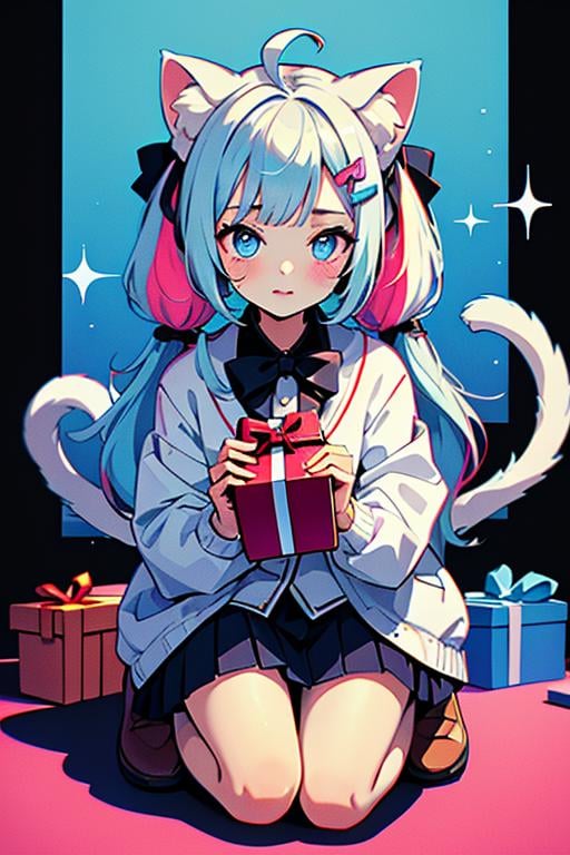 Best quality,masterpiece,ultra high res,<lora:vaporwave:0.7>,1girl, animal ears, cat ears, blue eyes, blue hair, solo, long hair, bow, hair bow, chibi, ahoge, black bow, long sleeves, holding, white skirt, cat girl, skirt, virtual youtuber, bangs, multicolored hair, cat tail, hair ornament, tail, cat, twintails, hairclip, kneeling, looking at viewer, gift, very long hair, pleated skirt, pink hair, animal ear fluff, jacket, box, blush, animal, holding animal, white cat, white jacket, streaked hair, gift box