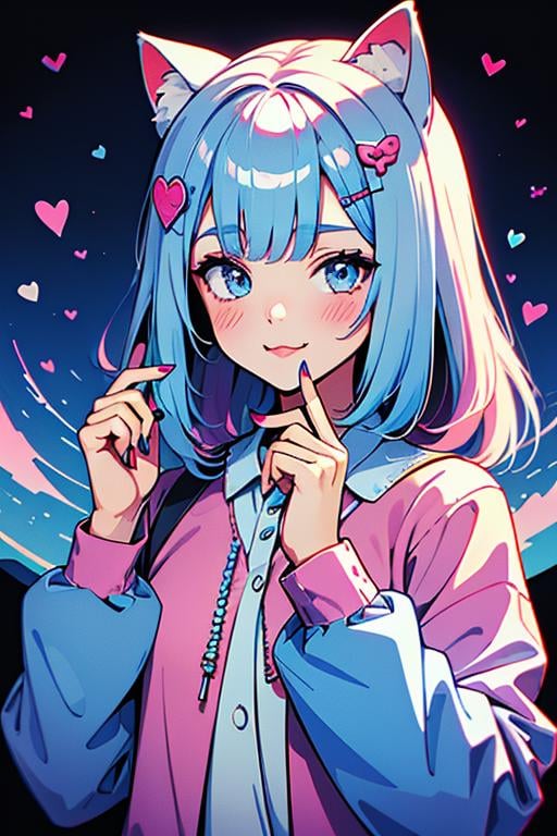Best quality,masterpiece,ultra high res,<lora:vaporwave:0.7>,animal ears, hair ornament, cat ears, shirt, multicolored hair, bangs, looking at viewer, white shirt, pink hair, blue hair, long sleeves, cat, collared shirt, 1girl, blush, :3, hairclip, upper body, blue eyes, pink eyes, closed mouth, virtual youtuber, sleeves past wrists, heart, cat girl, x hair ornament, animal ear fluff, smile, jacket, cat hair ornament, solo, hands up, heart hair ornament, blue nails, fish hair ornament, white cat, holding, fang