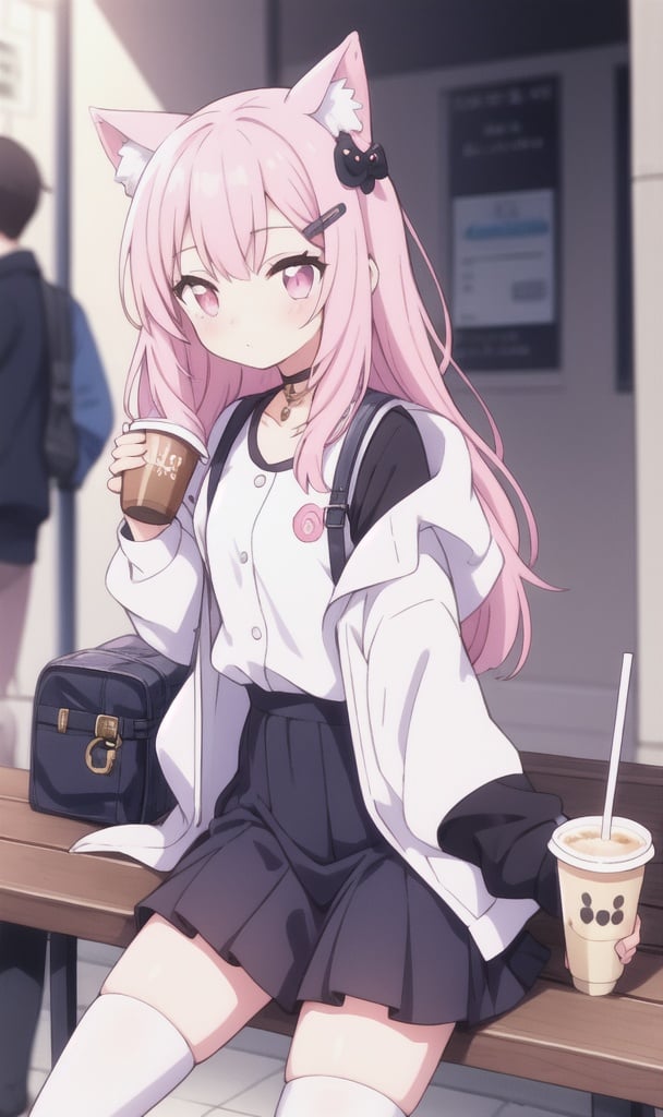 1girl, animalears, animalhood, bag, bangs, cup, drinking, drinking milk tea, fake animalears, hair ornament, hairclip, holding, jacket,long sleeves, shoulder bag, solo, very long hair, pink eyes, light blue and light pink hair,masterpiece,best quality,ray tracing, reflection light, sunlight,sitting on the city bench,black thighhighs,city