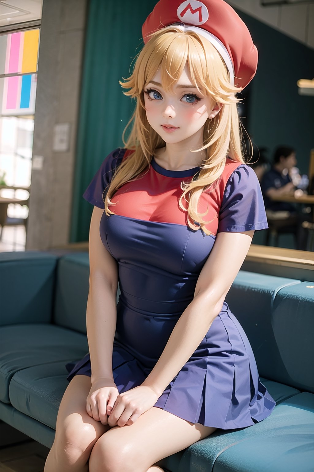 ,a tall beautiful girl wearing  mario girl costume. ultra detailed,  ,mario,  red and blue theme