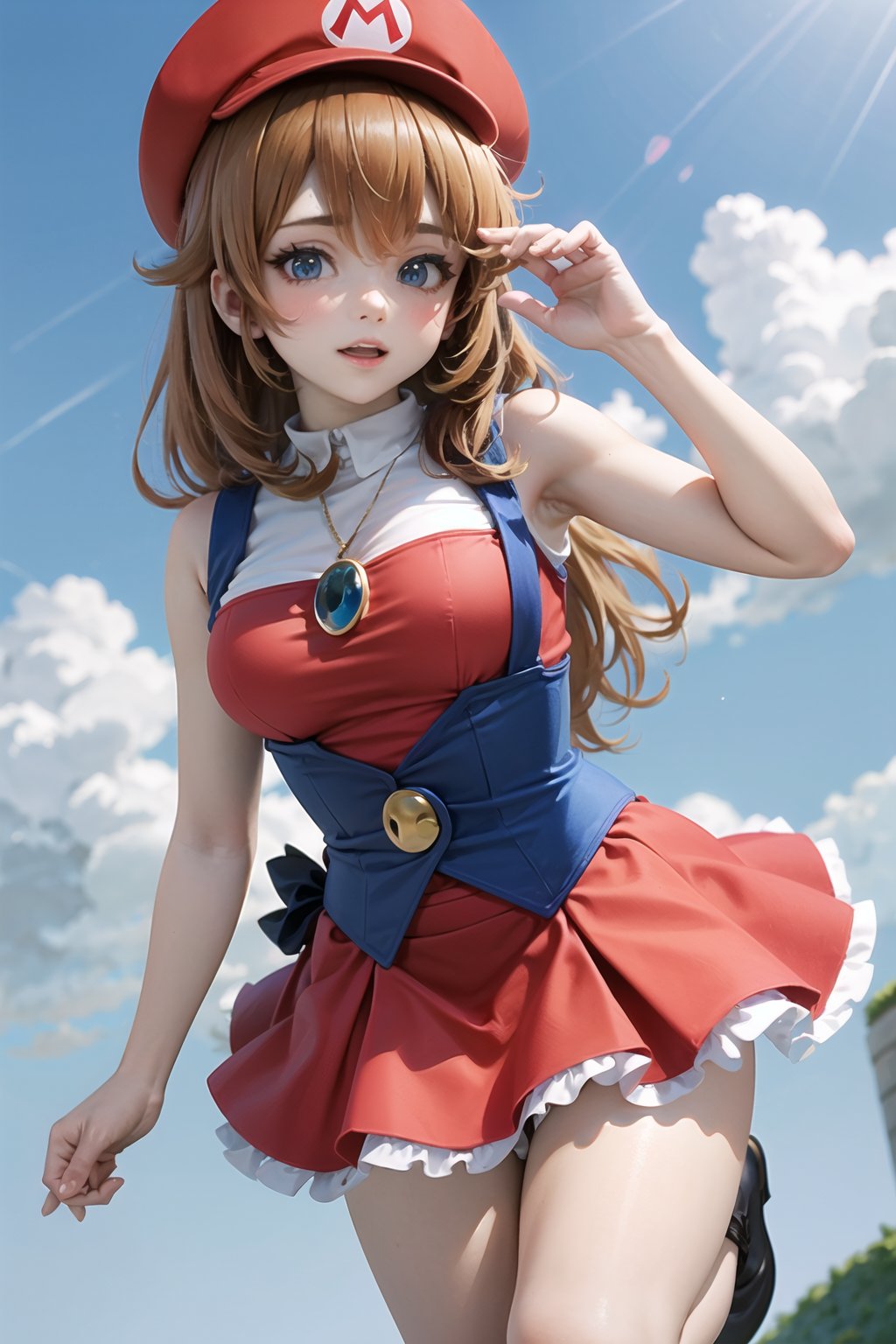 ,a tall beautiful girl wearing  mario girl costume. ultra detailed,  ,mario,  red and blue theme,  jumping