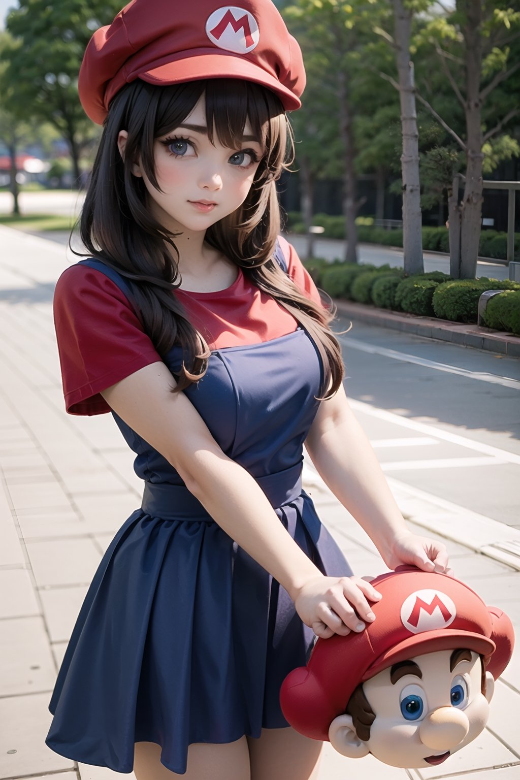 ,a tall beautiful girl wearing  mario girl costume. ultra detailed,  ,mario,  red and blue theme