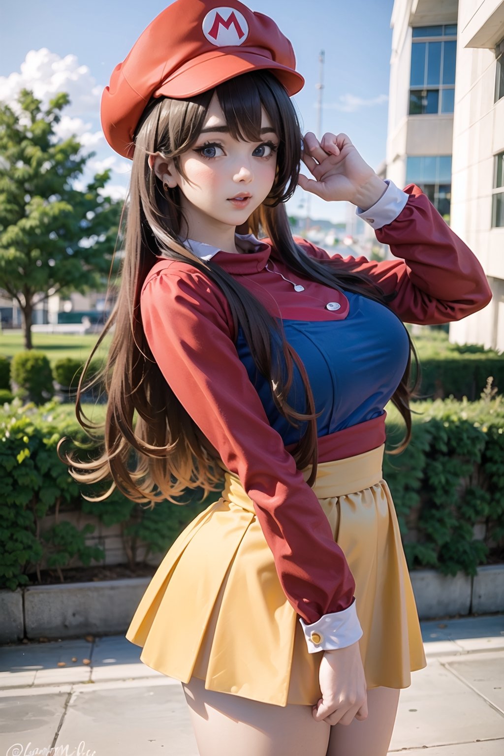 ,a tall busty beautiful girl wearing  mario girl costume. ultra detailed,  ,mario,  red and blue theme