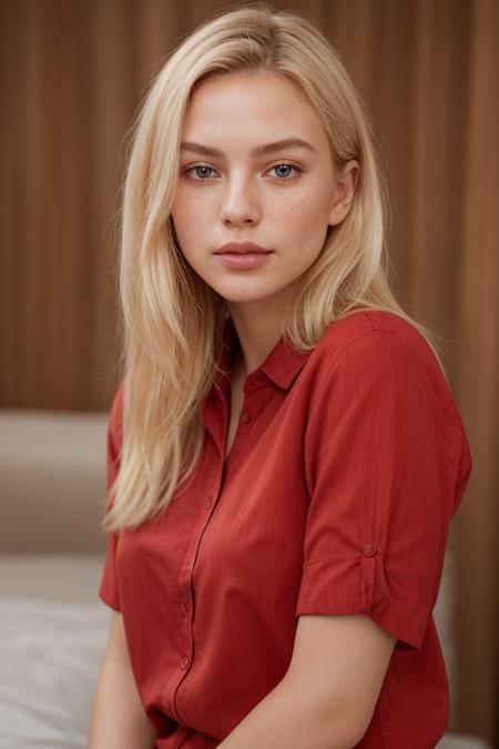 <lora:polyhdron_all_in_one_eyes_hands_skin_fin:0.2> RAW photo, portrait of a beautiful blonde woman wearing a red shirt (high detailed skin:1.2), 8k uhd, dslr, soft lighting, high quality, film grain, Fujifilm XT3 