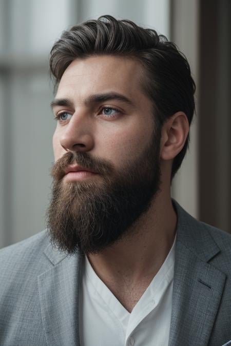 <lora:polyhdron_all_in_one_eyes_hands_skin_fin:0.2>  RAW photo, portrait of a beautiful man with a beard in a grey suite, full sharp, detailed face, blue eyes, (high detailed skin:1.2), 8k uhd, dslr, soft lighting, high quality, film grain, Fujifilm XT3