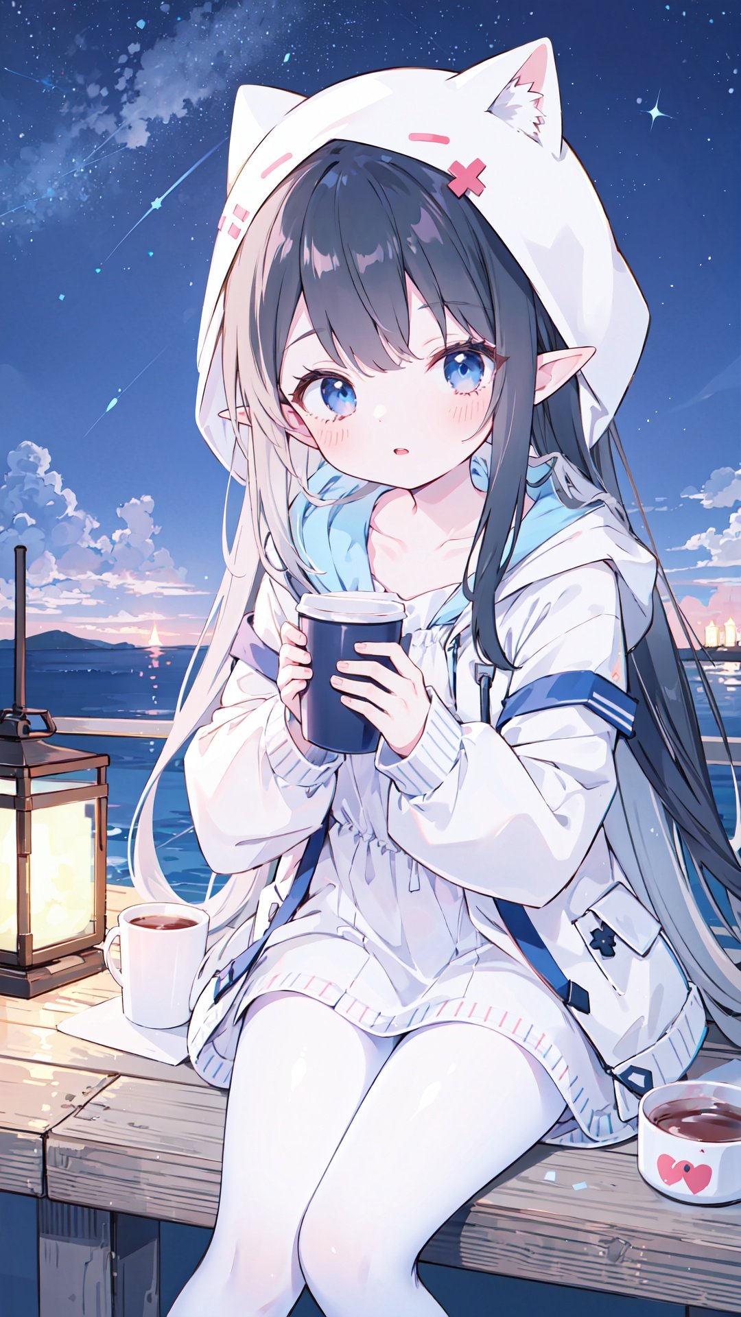 1girl, holding, 1boy, starry sky, star \(sky\), sky, jacket, long hair, very long hair, dress, blue eyes, hood down, pointy ears, long sleeves, open jacket, staff, night, open clothes, pants, parted lips, holding staff, hood, night sky, hooded jacket, collarbone, bangs, white dress, black hair, outdoors, blush, sitting, shirt, cup, looking at viewer, lantern, sleeves past wrists, white shirt, puffy long sleeves