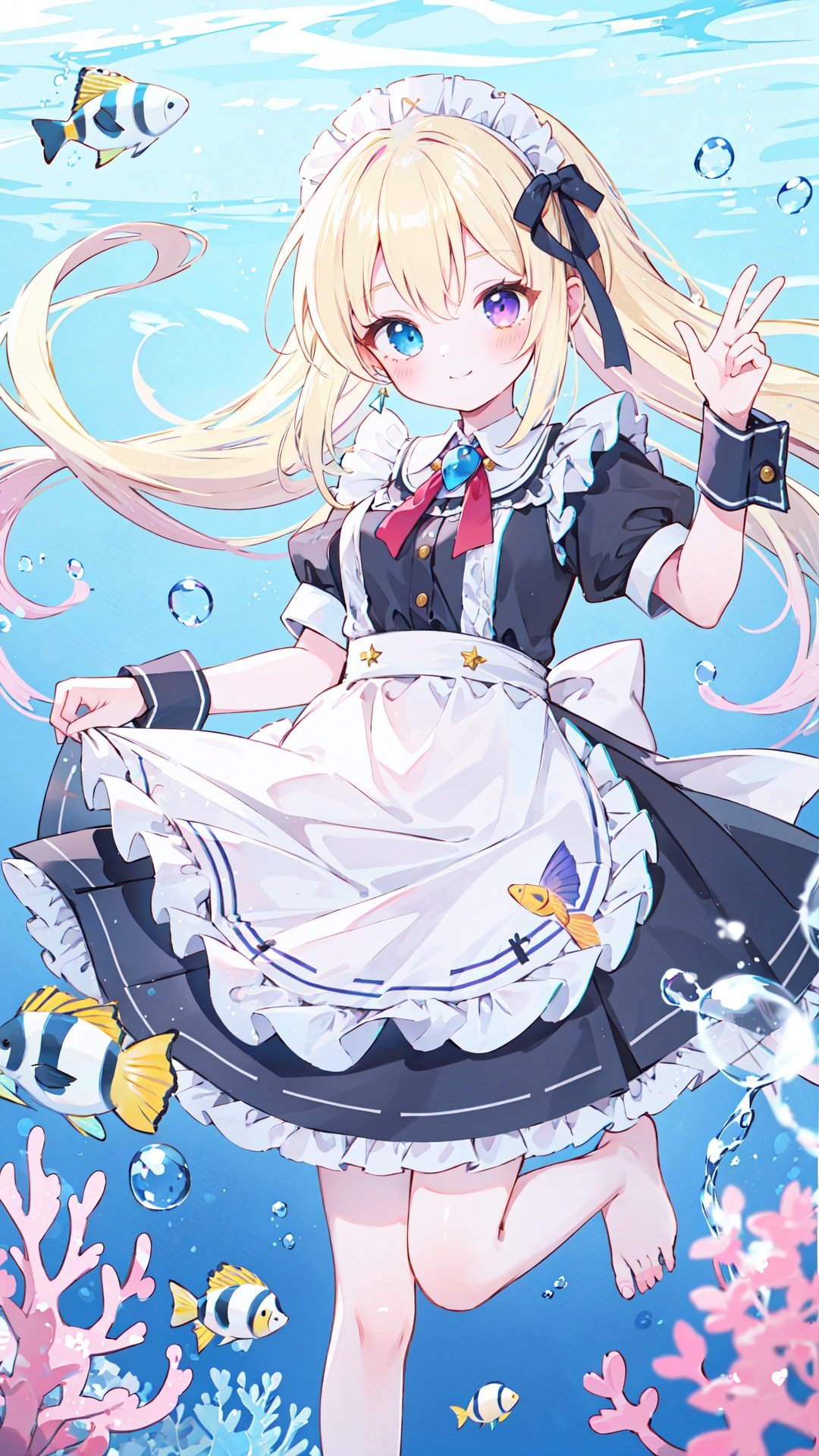 1girl, apron, dress, solo, blue eyes, long hair, bubble, underwater, white apron, frilled apron, fish, frills, blue dress, smile, short sleeves, blonde hair, wrist cuffs, bow, bangs, blush, heterochromia, air bubble, barefoot, maid headdress, closed mouth, clownfish, looking at viewer, maid apron, striped, hair between eyes, maid, striped bow, frilled dress, breasts, puffy short sleeves, purple eyes, floating hair, jewelry