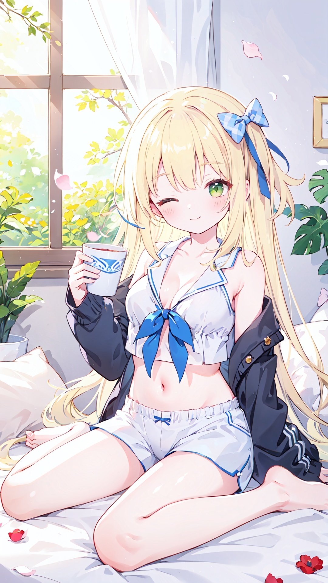 solo, 1girl, one eye closed, long hair, navel, looking at viewer, shorts, breasts, blonde hair, midriff, sitting, smile, shirt, barefoot, wariza, cleavage, off shoulder, cup, sleeveless shirt, stomach, holding, white shirt, bow, short shorts, white shorts, long sleeves, hair bow, sleeveless, open clothes, bare shoulders, very long hair, armpits, green eyes, crop top, open jacket, flower, petals