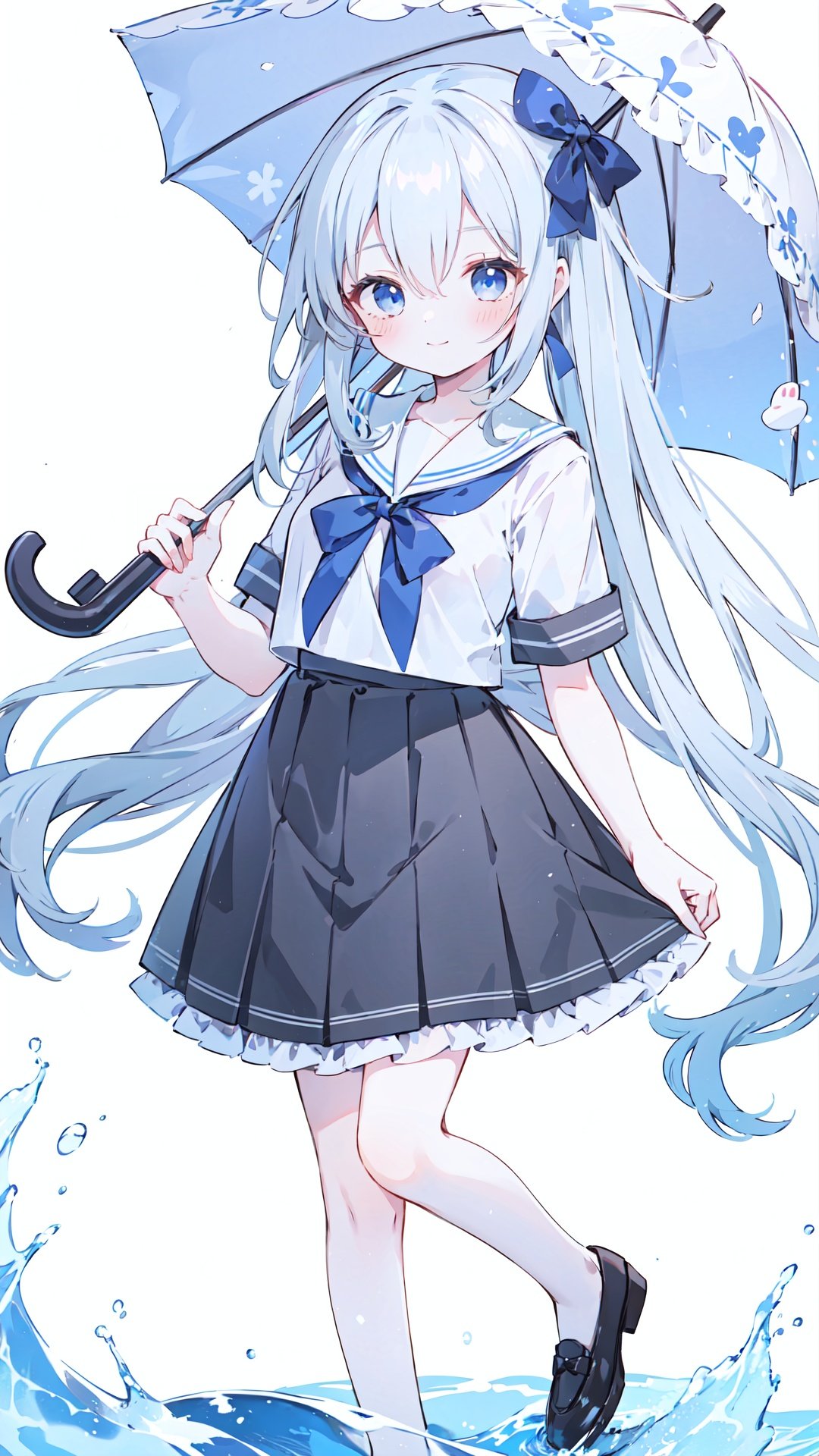 1girl, solo, umbrella, shirt, long hair, skirt, holding umbrella, pleated skirt, white shirt, holding, short sleeves, bangs, bow, very long hair, smile, frilled skirt, closed mouth, black bow, frills, white sailor collar, collared shirt, sailor collar, blue eyes, transparent umbrella, water, neck ribbon, blush, black skirt, hair bow, ribbon, rainbow, transparent, dress shirt, standing on one leg, standing, looking at viewer, hair between eyes, grey hair