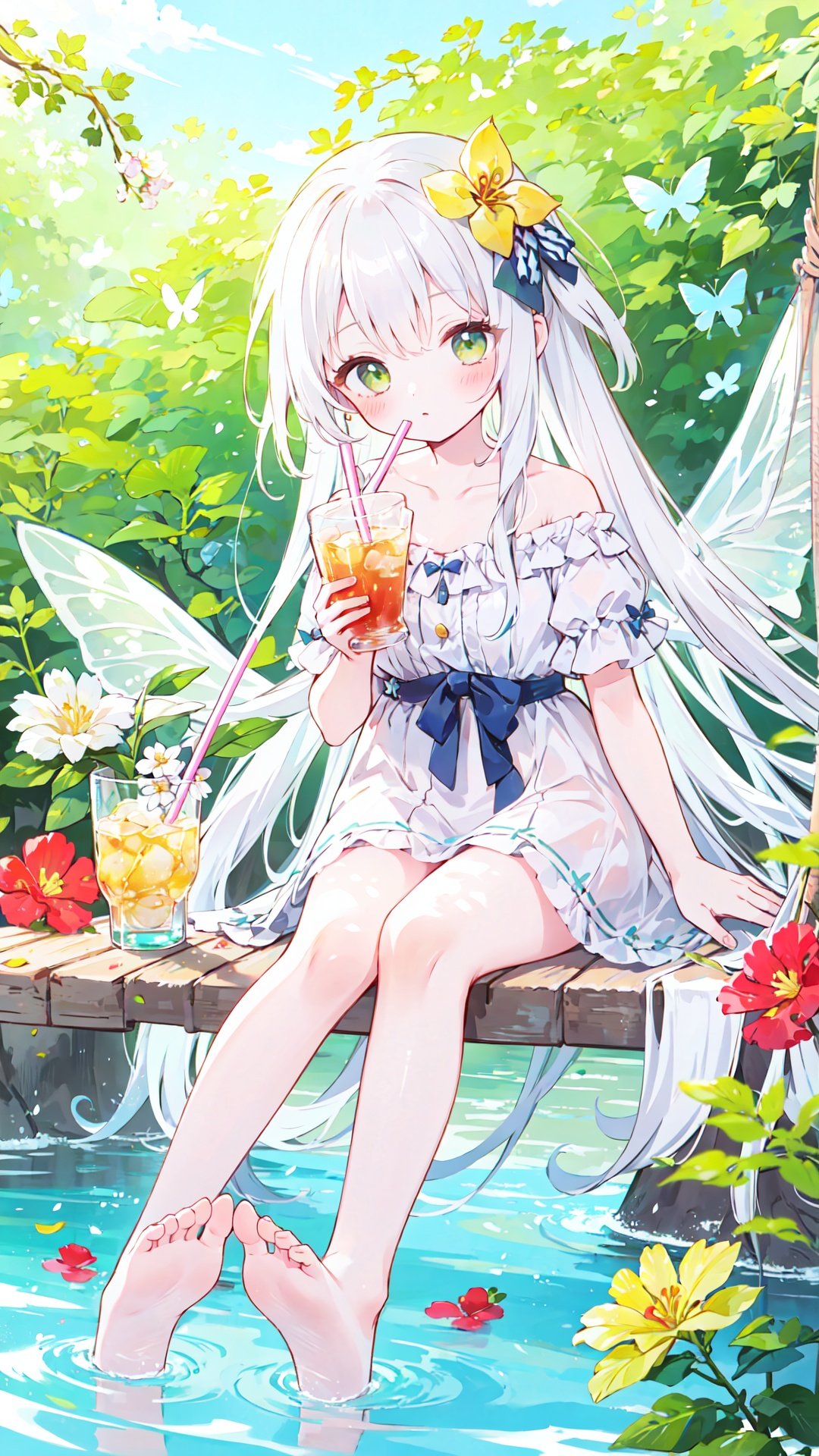 1girl, solo, flower, long hair, drinking straw, hair flower, hair ornament, very long hair, barefoot, yellow flower, red flower, blush, soles, holding, water, looking at viewer, bug, cup, wings, collarbone, bangs, crazy straw, butterfly, white hair, sitting, green eyes, holding cup, bow, hammock, bare shoulders