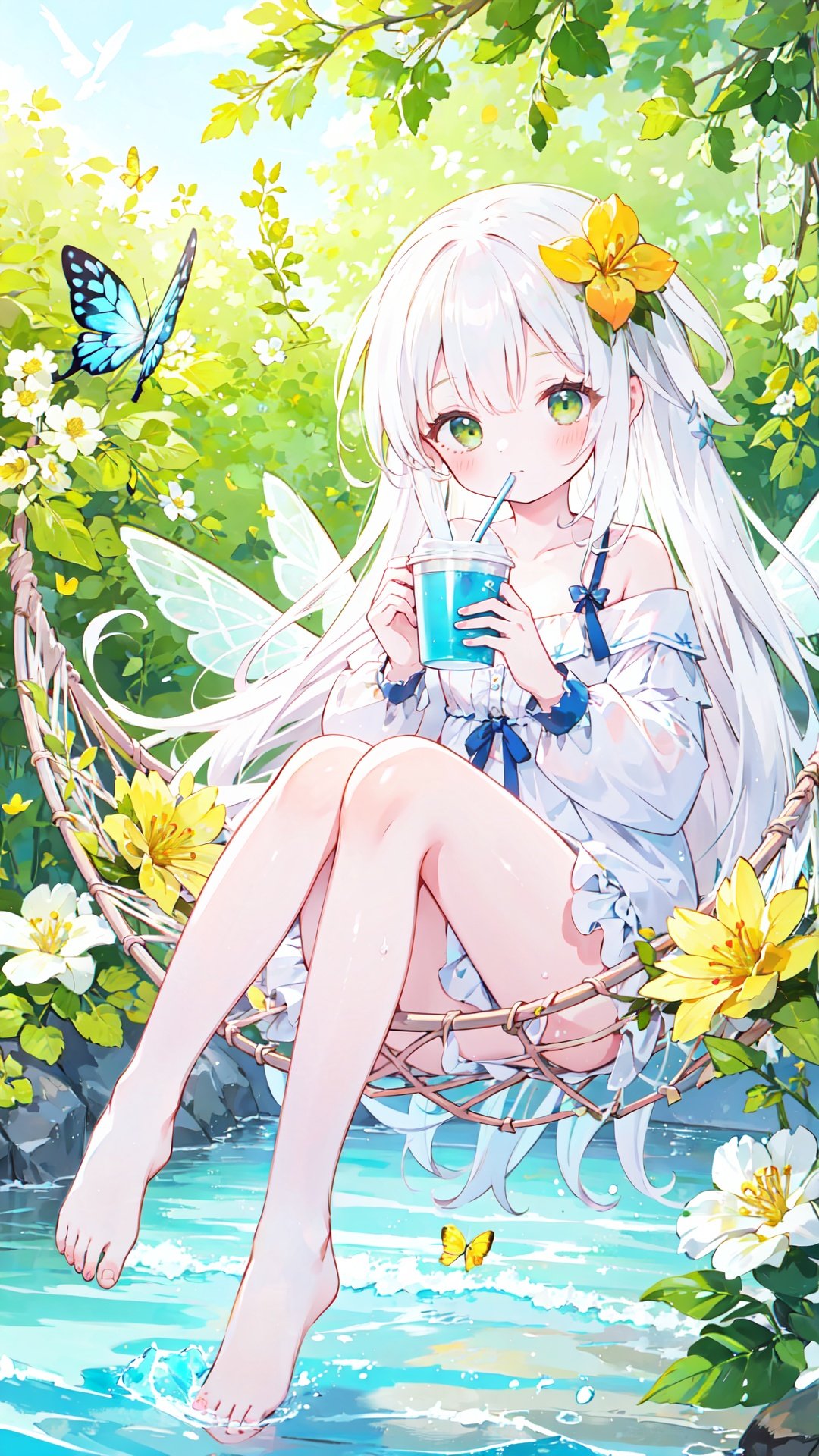  1girl, solo, flower, long hair, drinking straw, hair flower, hair ornament, very long hair, barefoot, yellow flower, red flower, blush, soles, holding, water, looking at viewer, bug, cup, wings, collarbone, bangs, crazy straw, butterfly, white hair, sitting, green eyes, holding cup, bow, hammock, bare shoulders