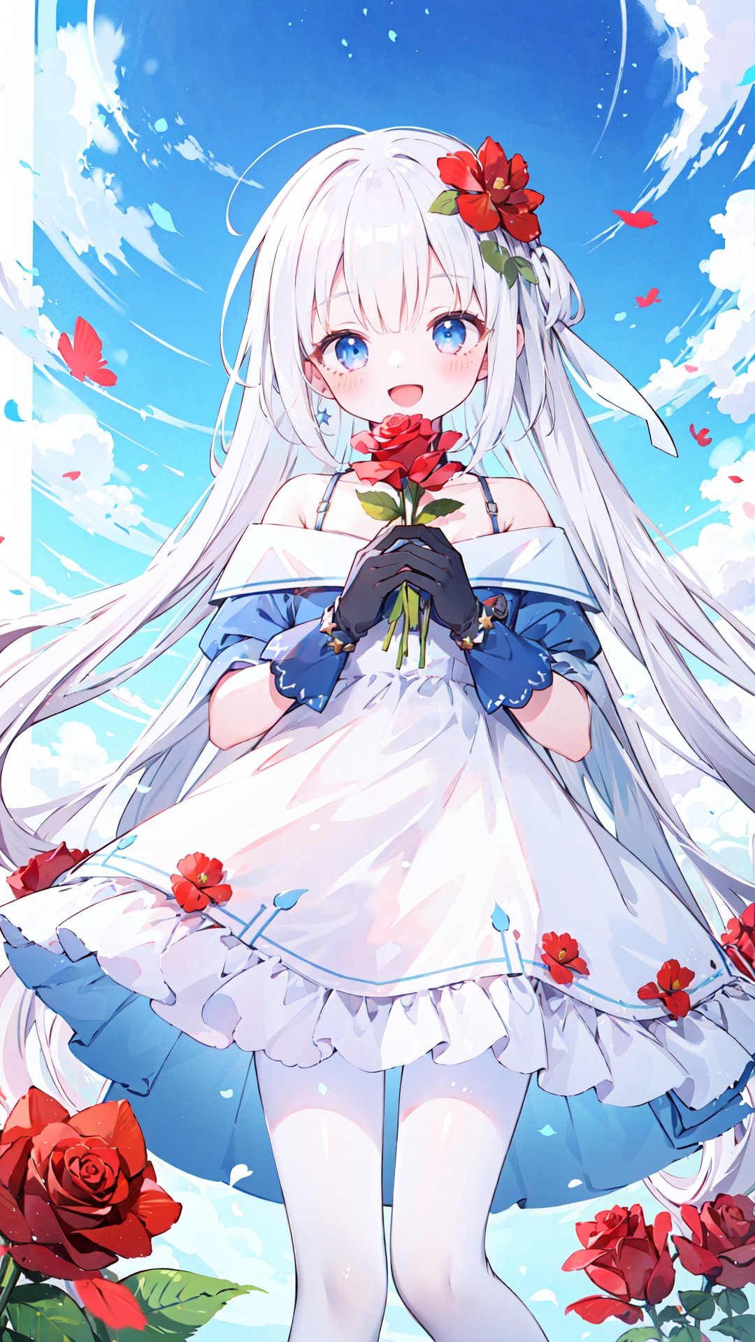 1girl, long hair, solo, gloves, dress, smile, bird, flower, holding, open mouth, white dress, very long hair, white hair, red flower, bangs, blush, looking at viewer, :d, pantyhose, bare shoulders, white pantyhose, rose, blue eyes, holding flower, star \(sky\), starry sky, sky, off-shoulder dress, red rose