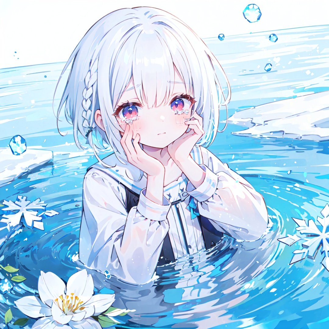 e:1.4), (streaming tears), sad, (Edelweiss), (Edelweiss), (Edelweiss), Ice crystal,Major Snow,looking at viewer,  both hands on own cheek,White shirt , (white hair, short hair, braid,bangs:1.2), (glowing eyes), ripples, dark water,  In water,