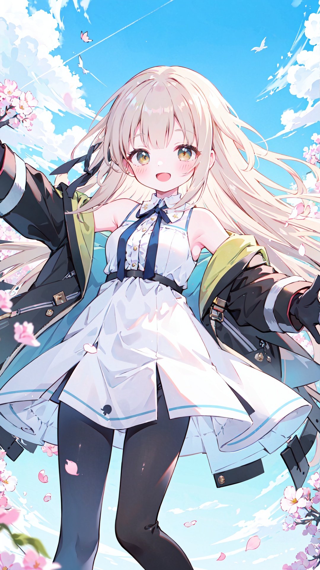 1girl, dress, white dress, 1boy, sleeveless dress, green eyes, bird, black gloves, long hair, brown hair, sky, gloves, day, sleeveless, very long hair, outdoors, smile, blue sky, bangs, braid, petals, blush, :d, pants, cloud, ribbon, black pants, bare shoulders, hair ribbon, looking at viewer, white ribbon, bare arms, jacket, black jacket, outstretched arm, open mouth, breasts, brown eyes, animal