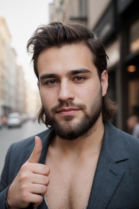 (street fashion photography:1.0)a photo of a 30 yo man with unstyled hair with shaved beard showing his hands with (five fingers:1.1) <lora:polyhdron_all_in_one_eyes_hands_skin_fin:0.15>