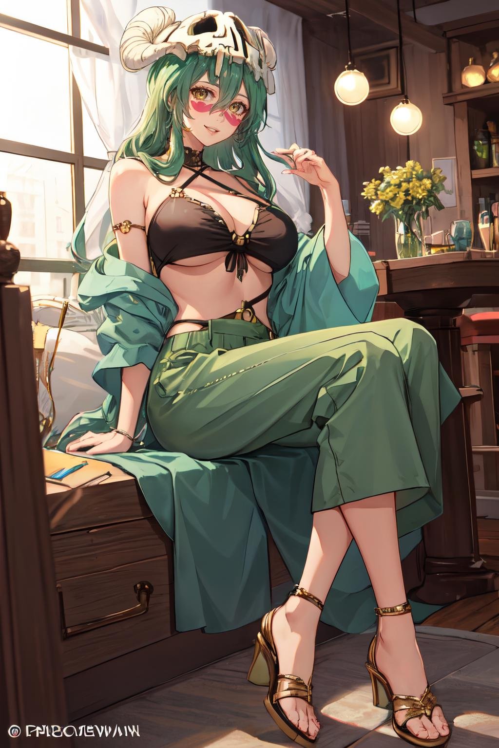 nelliel tu odelschwanck, green hair,yellow eyes, skull, face mark,large breasts,smile , parted lips, happy, Wide-leg linen pants, halter top, block heels<lora:nelliel_tu_odelschwanck:1>