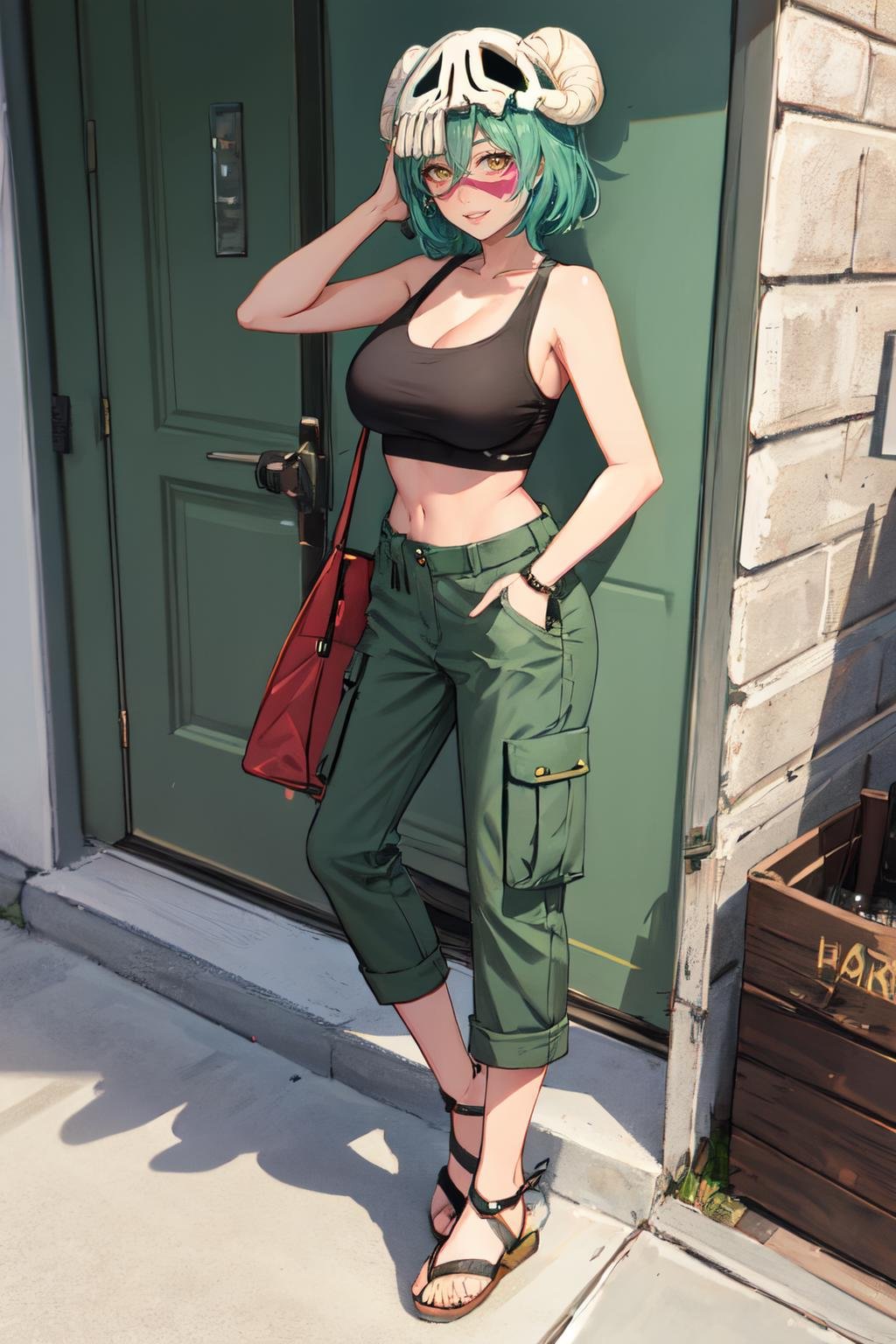 nelliel tu odelschwanck, green hair,yellow eyes, skull, face mark,large breasts,smile , parted lips, happy, Cropped cargo pants, tank top, slide sandals<lora:nelliel_tu_odelschwanck:1>