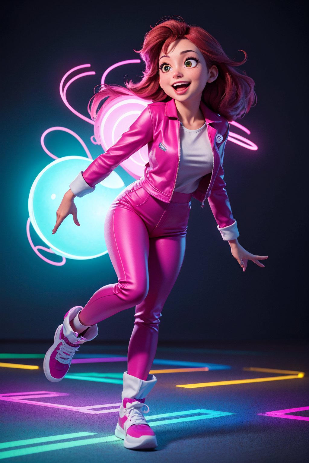 (best quality, highres, realistic:1.37),  vibrant colors,  playful,  glowing lights,  colorful background,  stylish outfit,  happy expression,  dynamic movement