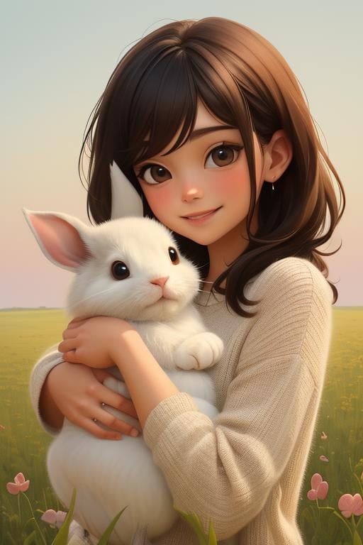 (masterpiece), (best quality), (extremely detailed), (1 girl), (pretty cute girl), smile, brown long hair, brown eyes, slender, extremely detailed eyes, alice the wonderland, pinky, hugging rabbit, in the clover meadow, upper body, original, extremely detailed wallpaper, (parfect detail features), 16k, 