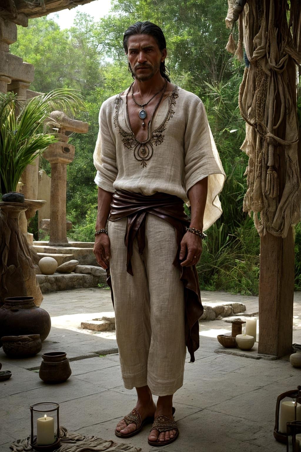 photo of a Mestizo Sculpted man, wearing a flowy embroidered tunic, linen pants, leather sandals, beaded necklace, in a Forsaken Ritual Grounds setting