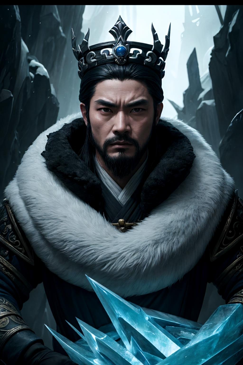 [ (art by Death Burger:0.9) |art by Orazio Gentileschi| (art by Jusepe de Ribera:0.9) ], Unreal Engine, shoulder-level shot of a Studied petite Yuan Dynasty Male Ice king, split diopter, Graphic novel, Angry, 50mm, One Color