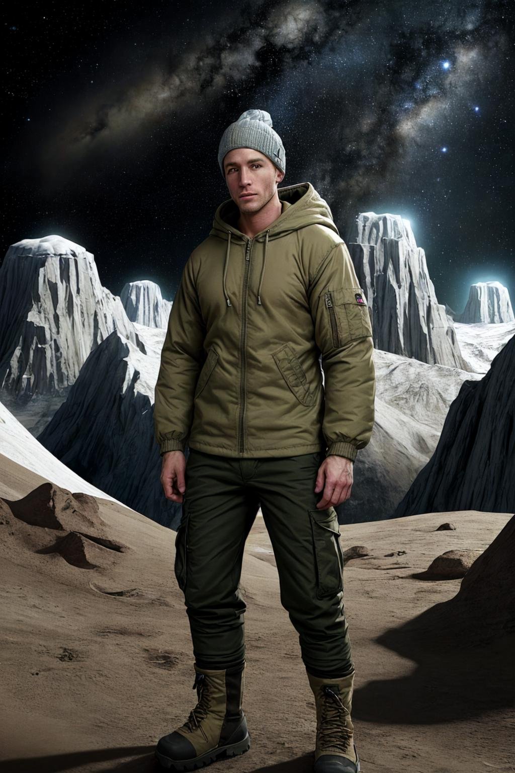 photo of a Caucasian Well-built man, wearing a hoodie, cargo pants, parka, beanie, hiking boots, in a Space Colonies setting