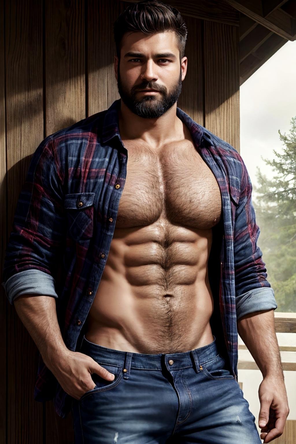 topless male, solo, (young), semi-realistic illustration of a lumberjack, dark skin, sweat, beard, body hair, open shirt, jeans, flannel shirt, masterpiece, best quality, highres, medium full shot, looking at viewer, by chunie and Taran Fiddler