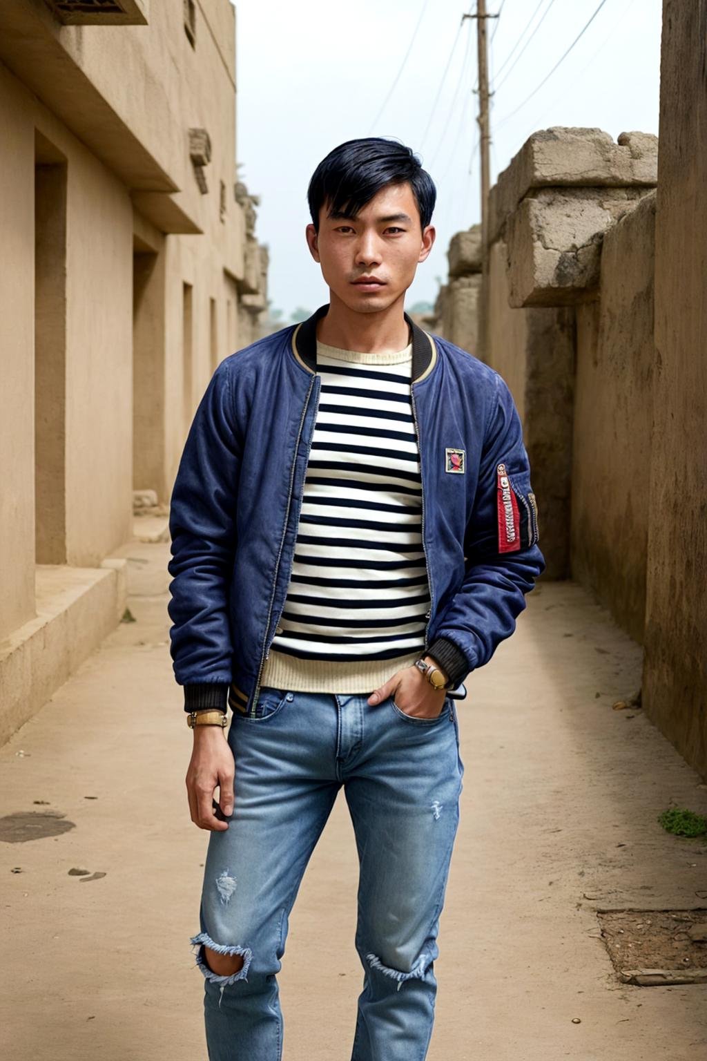 photo of a Asian Average man, wearing a bomber jacket, striped sweater, denim jeans, suede loafers, in a Ancient Ghana Empire setting