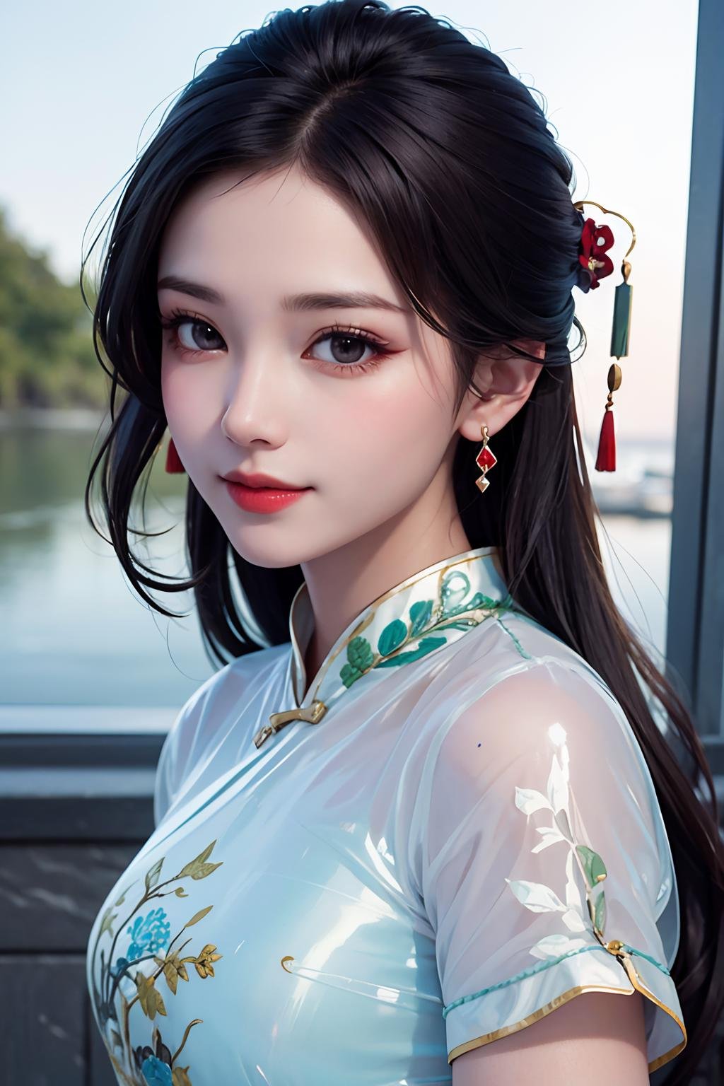 (best quality, masterpiece, 8K, ultra high res, realistic:1.3),(Beautiful and detailed face:1.2),(close up:1.2),1girl,solo,looking at viewer,big eyes,small breasts,slim body,arms at sides,smile,(Extremely detailed chinese long embroidery silk robe:1.2),earrings,hairpin,necklace,architecture,east asian,riverside,forest,(transparent clothes:1.8),(short sleeves dress:1.2),