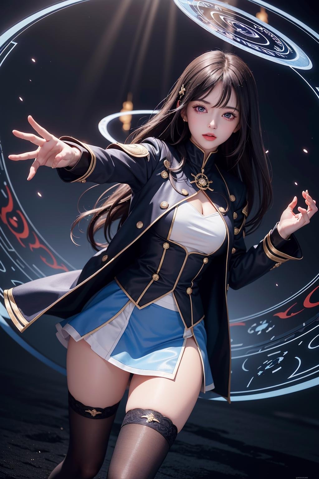 (best quality:1.4),(masterpiece:1.4),8K,1girl,black hair,purple eyes,(magic circle:1.4),blue fire,blue flames,wallpaper,landscape,blood,blood splatter,night,light particles,light rays,sidelighting,thighs,fate,open jacket,skirt,thighhighs,cloud,