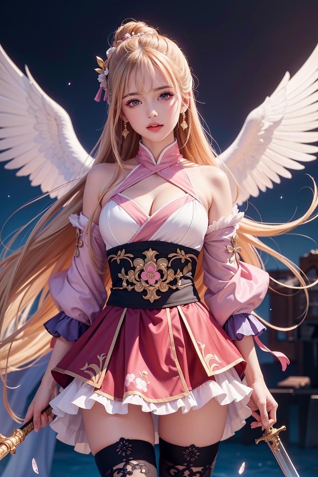 (best quality:1.4),(masterpiece:1.4),a girl holding a sword,in the style of dark pink and light pink,mixes realistic and fantastical elements,vibrant manga,uhd image,glassy translucence,vibrant illustrations,genshin impact,open jacket,skirt,thighhighs,cloud,