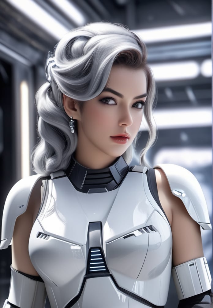 female dressed as storm trooper, lingerie, starship background, (((full body visible))), looking at viewer, portrait, photography, detailed skin, realistic, photo-realistic, 8k, highly detailed, full length frame, High detail RAW color art, piercing, diffused soft lighting, shallow depth of field, sharp focus, hyperrealism, cinematic lighting