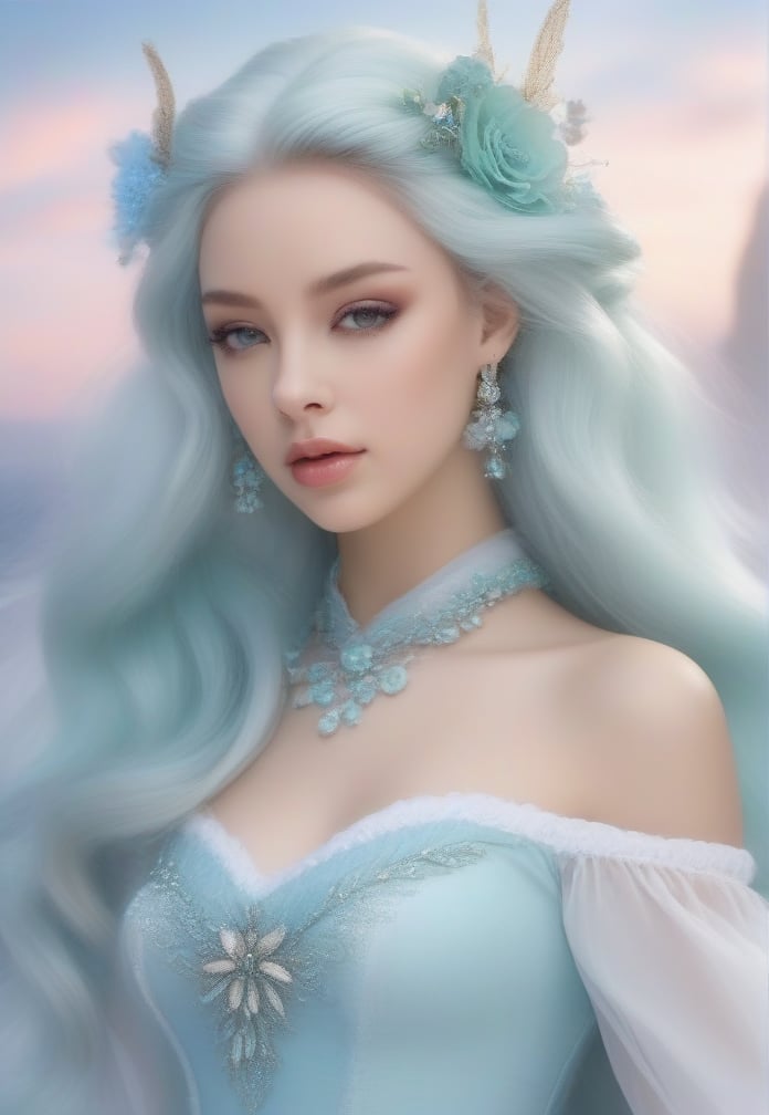 **Fantasy sky queen with clouds hair :: photorealistic::1 natural lighting::1 macro lens::1 edgar degas::1 baby blue color::1 mint color::1 pastel::1 white::1 skin::1 