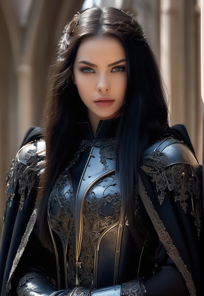 portrait in three-quarter close-up, dark fantasy film style, stunningly beautiful slender girl, (expressive and deep [symmetrical eyes]), stunning naive and innocent face, black long hair, ([girl wearing max detailed damaged full knight armor of blued steel | max detailed worn armor in dark fantasy film style | (intricately detailed) shabby black knight armor made of blued steel, superbly detailed tattered dark brown wool cloak with coarse weave, (intricate dark corridors of gothic cathedral:1: 3), stained glass, dramatic background, gloomy and scary atmosphere, natural funnel texture, expressive background, super detail, hyperphotorealism, natural daylight, (12K, UHD, super resolution, Rembrandt lighting)+++, natural reflections, natural textures, stained glass natural lighting, color illumination, cinematic lighting