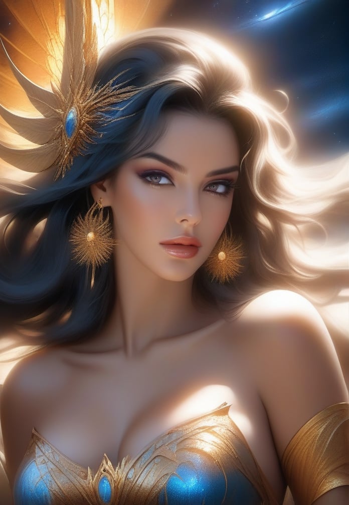 style of Boris Vallejo, a celestial goddess, hyper detailed, detailed face, hyper realistic, dark cinematic, Dramatic Illumination, 16k, UHD, HDR, (Masterpiece), (best quality)