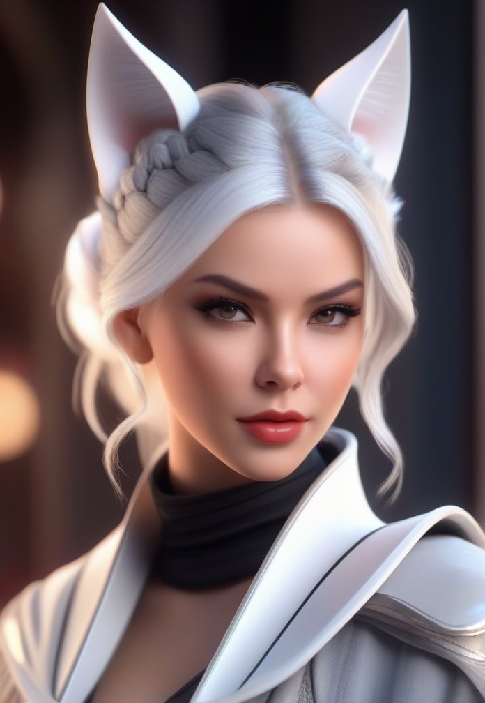 female Sith lord from STAR WARS, white hair, cat ears, beautiful face, detailed face, hyperdetailed, masterpiece, 8k, dynamic pose, immersive background, depth of field,