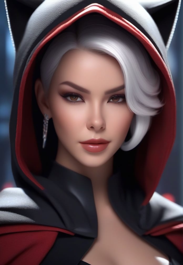 female Sith lord from STAR WARS, white hair, cat ears, beautiful face, detailed face, hyperdetailed, masterpiece, 8k, dynamic pose, immersive background, depth of field,