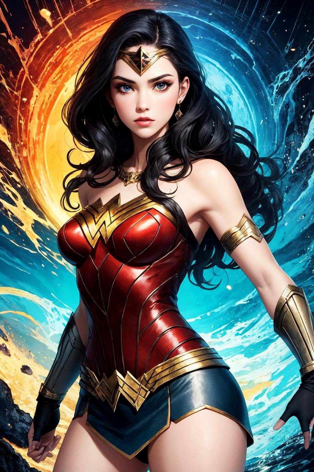 (masterpiece, top quality, best quality, official art, beautiful and aesthetic:1.2),1girl,solo,wonder woman,extreme detailed,(colorful:1.3),highest detailed,sunset,sea,(fractal art:1.3),black widow,