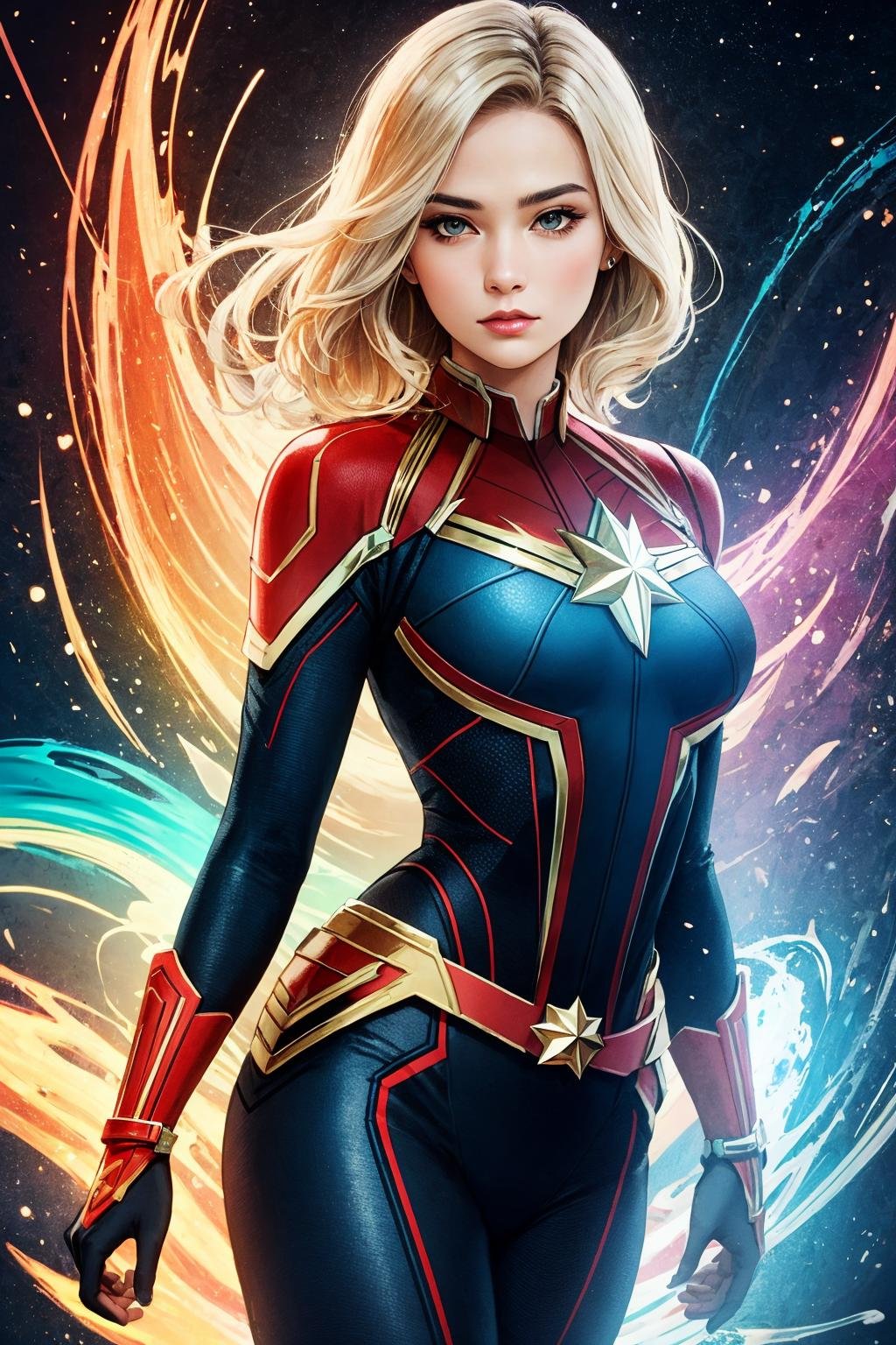 (masterpiece, top quality, best quality, official art, beautiful and aesthetic:1.2),1girl,solo,extreme detailed,(colorful:1.3),highest detailed,sunset,sea,(fractal art:1.3),captain marvel,large breasts, 