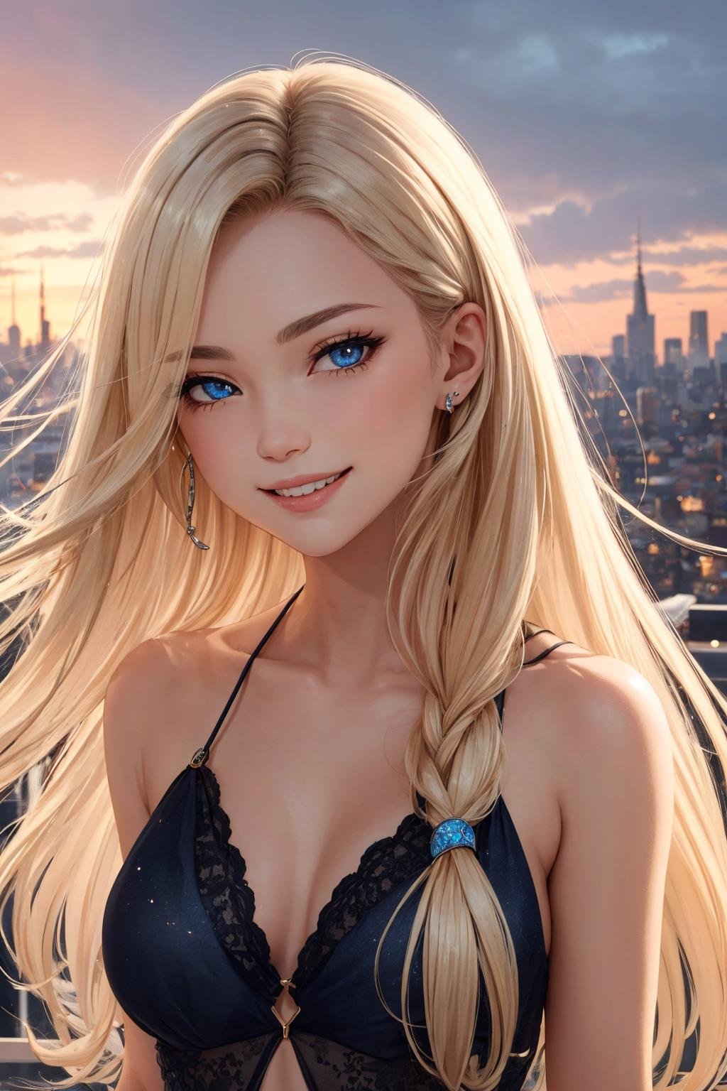 a pretty woman with long blonde hair,perfect face,happy,laughing,city background,sharp,extreme detailed,HD,HDR,4K,masterpiece,high quality,high resolution,breathtaking,award-winning,professional,detailed face,detailed eyes,detailed hair,beautiful,hotify,prettify,prettyeyes,