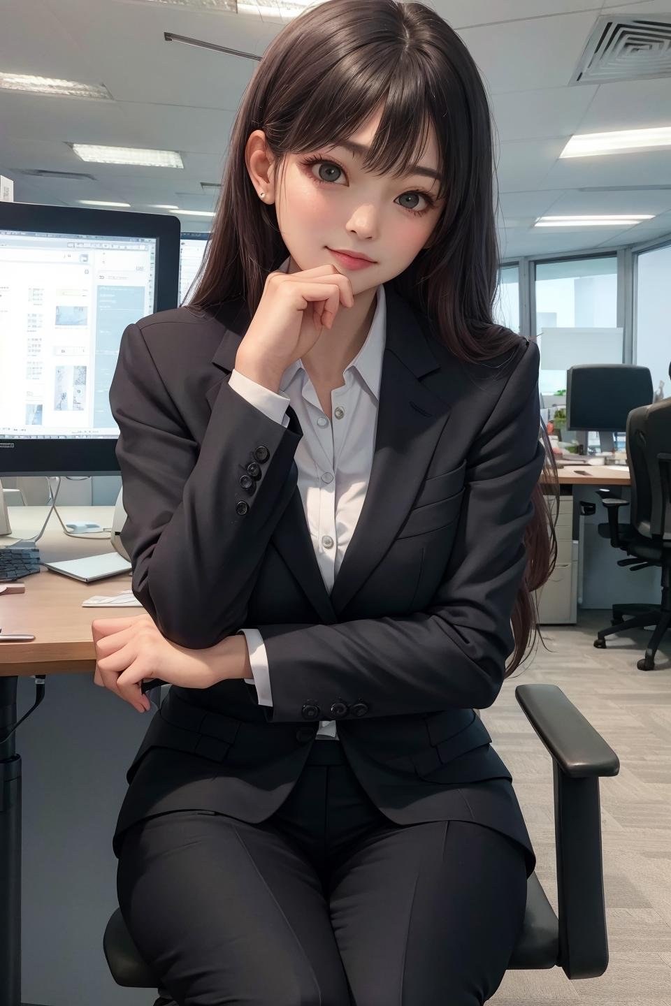 masterpiece,best quality,1female,business suit,office,sitting