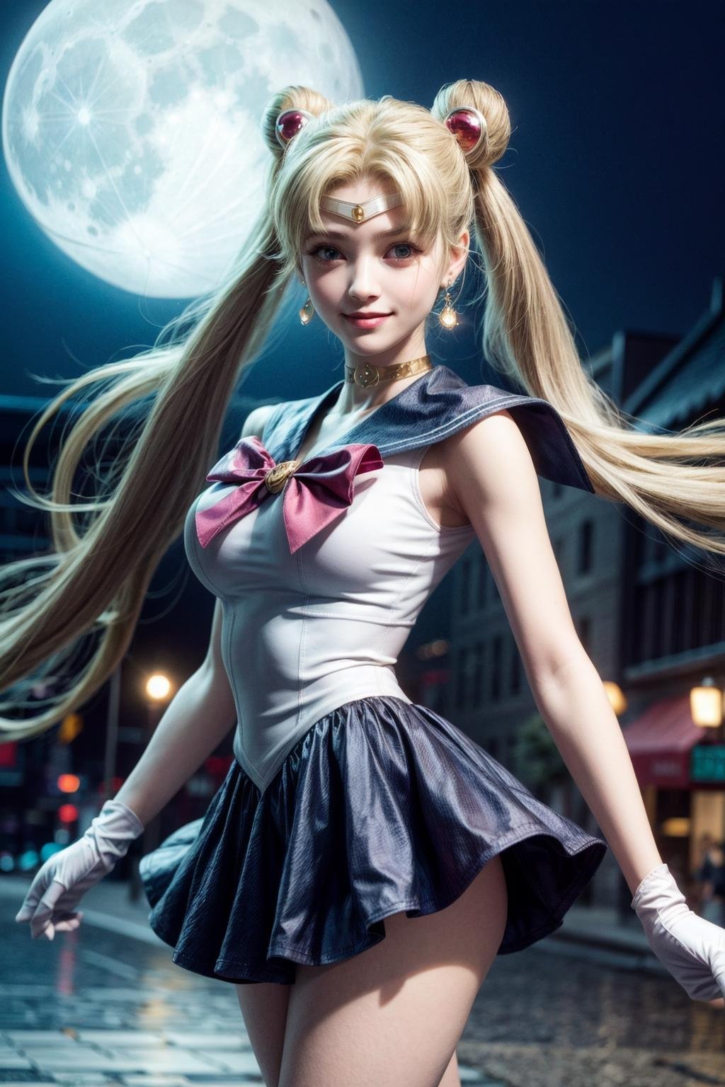 <lora:sailor_moon_v1:0.7>, aausagi, double bun, twintails, parted bangs, circlet, jewelry, earrings, choker, red bow, white gloves, elbow gloves, blue skirt,  standing,  outdoors,  city,( moon background:1.1),<lora:add_detail:1>,<lora:hipoly3DModelLora_v20:0.3>,cowboy shot,best quality, highly detailed,photorealistic, realistic, masterpiece, absurdres, detailed skin texture, (detailed eyes, deep eyes,detail hair:1.0),remarkable detailed pupils,1girl,solo,(smile:1.2),(happy:1.1), <lora:hairdetailer:0.9>, narrow waist,large breasts, 