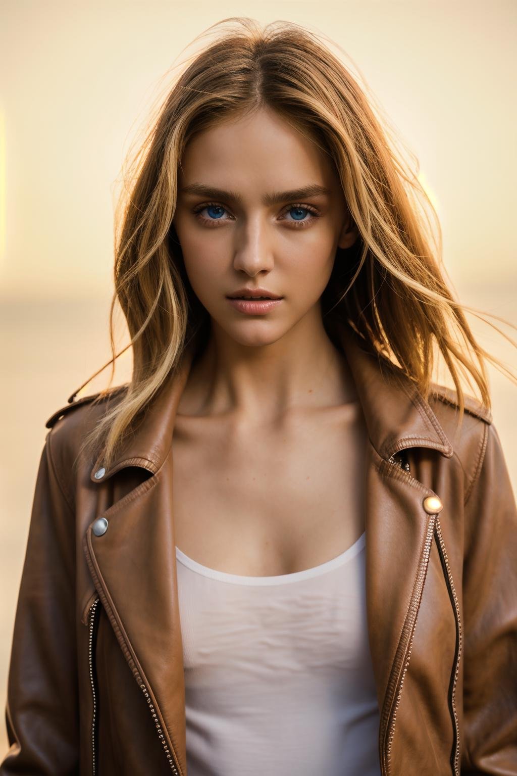 detailed face, detailed eyes, detailed skin,cinematic lighting, coherent light, coherent shadows, depth of field, RAW photo, 8K UHD, ultra high resolution, kodak portra 400,<lora:ZH_KRiley_v1:1>, zh_kriley, realistic, blonde hair, collarbone, (leather jacket, dress), simple background,