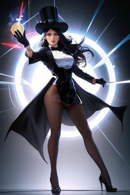 masterpiece,best quality,highres,realistic,1girl,full body,<lora:Zatanna:0.6>,black_hair,long_hair,hat,fishnet_legwear,pantyhose,magician,white_gloves,flying